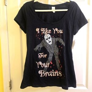 Zombie Shirt Juniors XL Sparkly I Like You For Your Brains